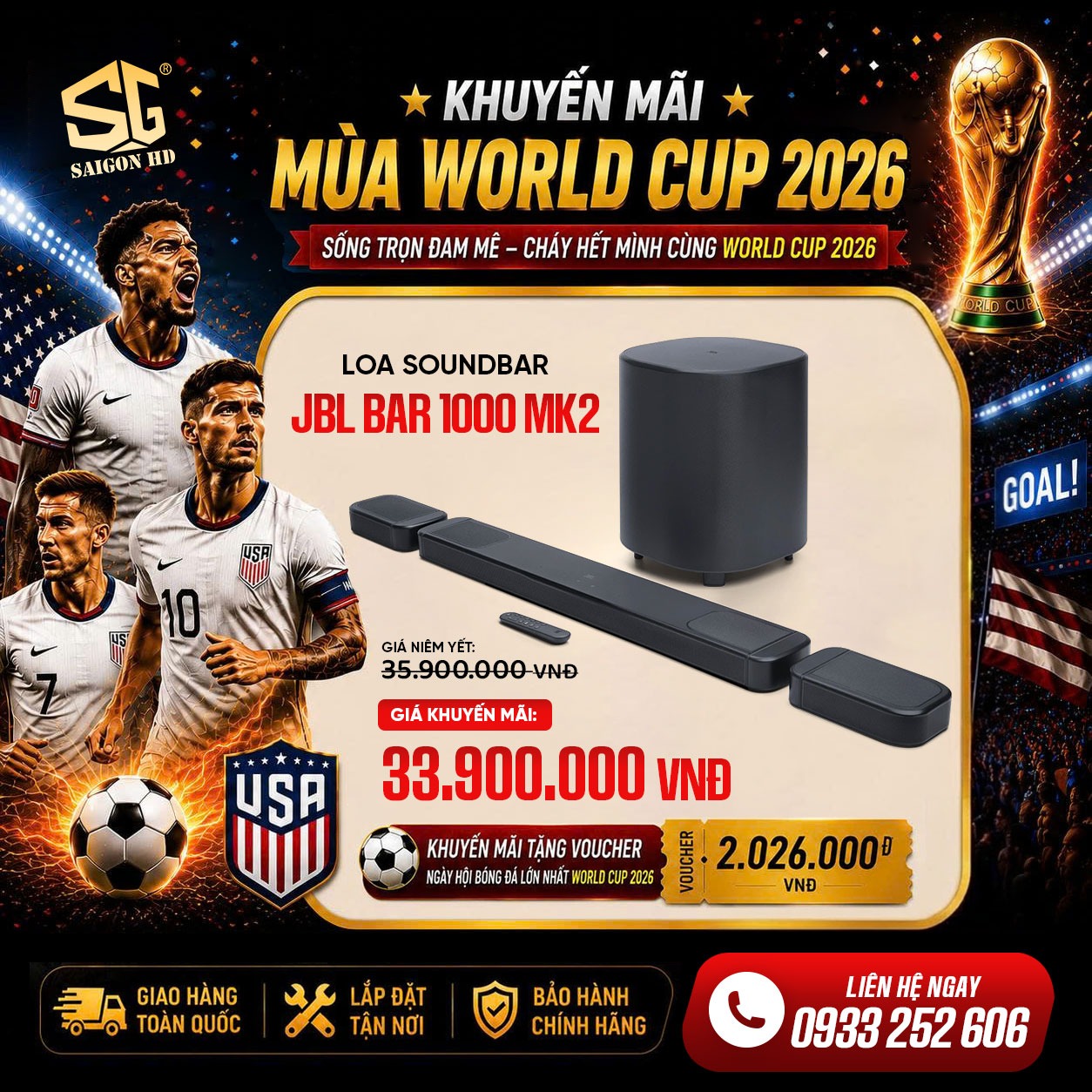 Khuyến m&atilde;i giảm gi&aacute; m&ugrave;a World Cup 2026 cho d&agrave;n loa soundbar JBL Bar 1000MK2 ch&iacute;nh h&atilde;ng