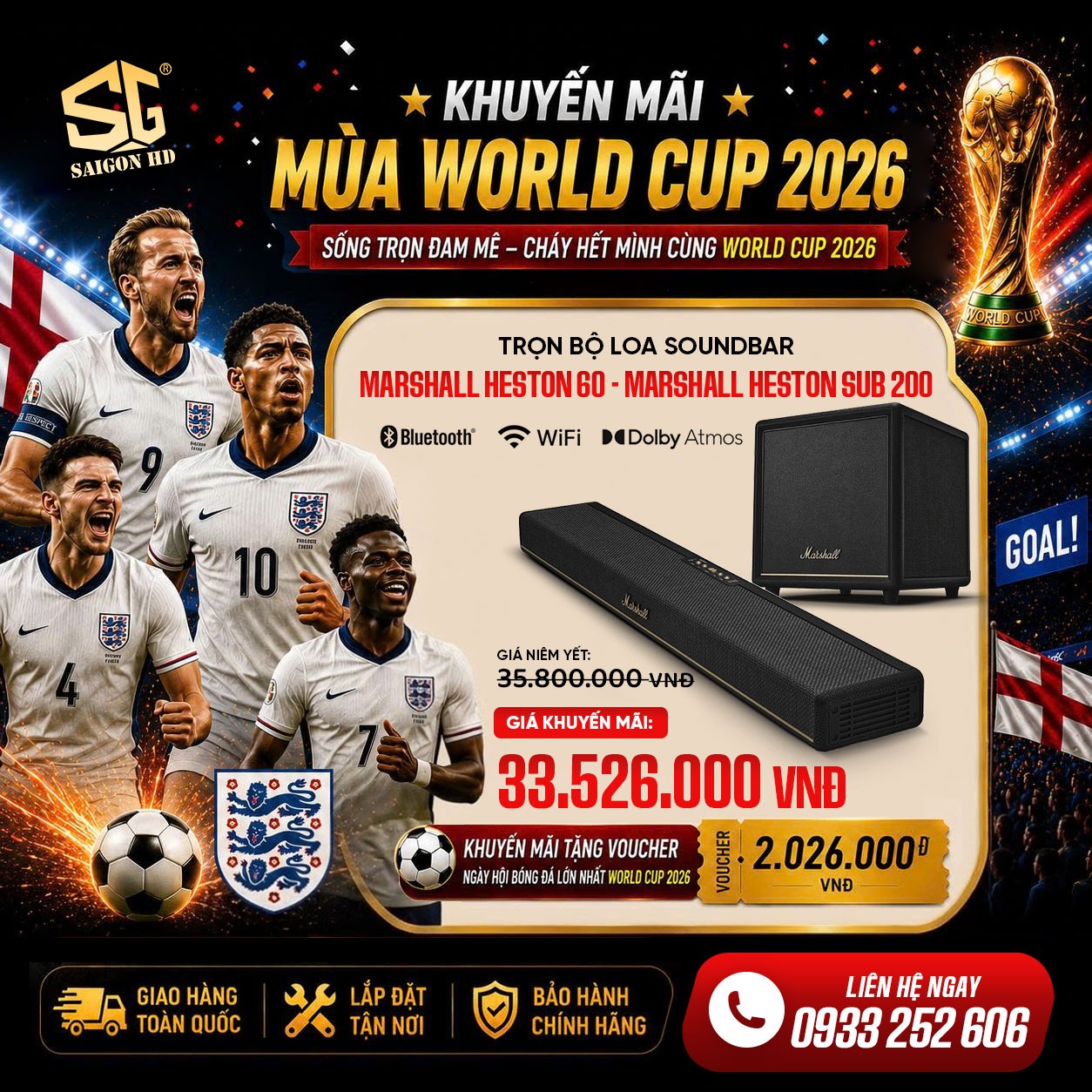 D&agrave;n loa soundbar Marshall Heston 60 & Marshall Heston Sub 200 khuyến m&atilde;i m&ugrave;a World Cup 2026