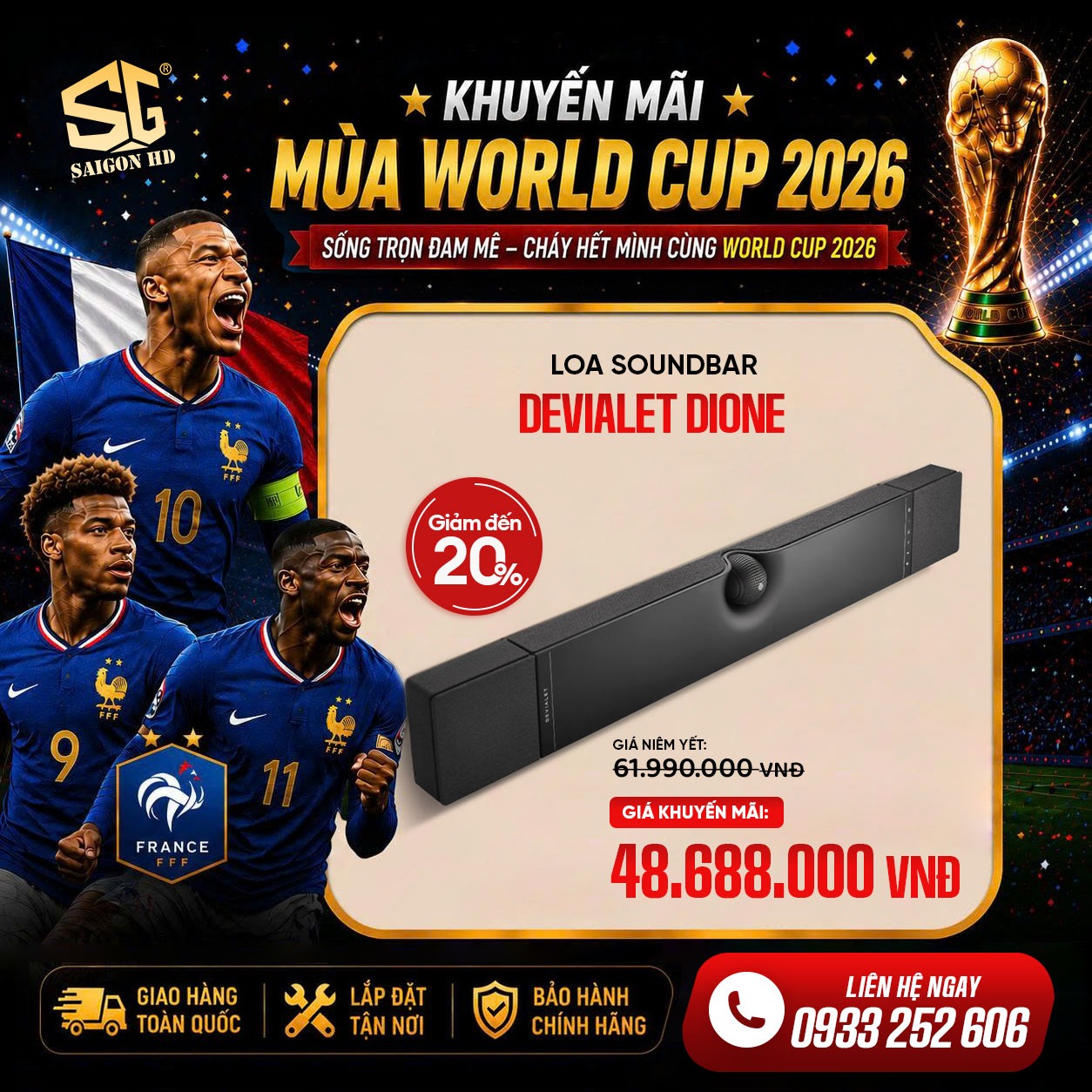 Khuyến m&atilde;i giảm gi&aacute; m&ugrave;a World Cup 2026 cho loa SoundBar cao cấp sang trọng Devialet Dione ch&iacute;nh h&atilde;ng