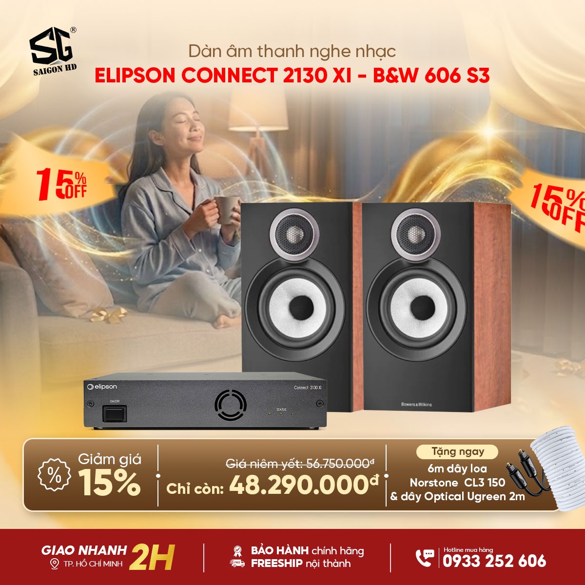 Khuyến m&atilde;i giảm gi&aacute; cực sốc d&agrave;n &acirc;m thanh nghe nhạc phối gh&eacute;p từ Amply nghe nhạc Elipson Connect 2130 XI & Cặp loa Bookshelf nghe nhạc B&W 606 S3 ch&iacute;nh h&atilde;ng rẻ nhất