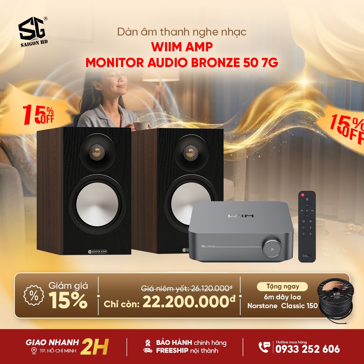 Khuyến m&atilde;i giảm gi&aacute; cực sốc d&agrave;n &acirc;m thanh nghe nhạc phối gh&eacute;p từ Amply nghe nhạc đa năng WiiM Amp & Cặp loa Bookshefl nghe nhạc Monitor Audio Bronze 50 7G ch&iacute;nh h&atilde;ng rẻ nhất