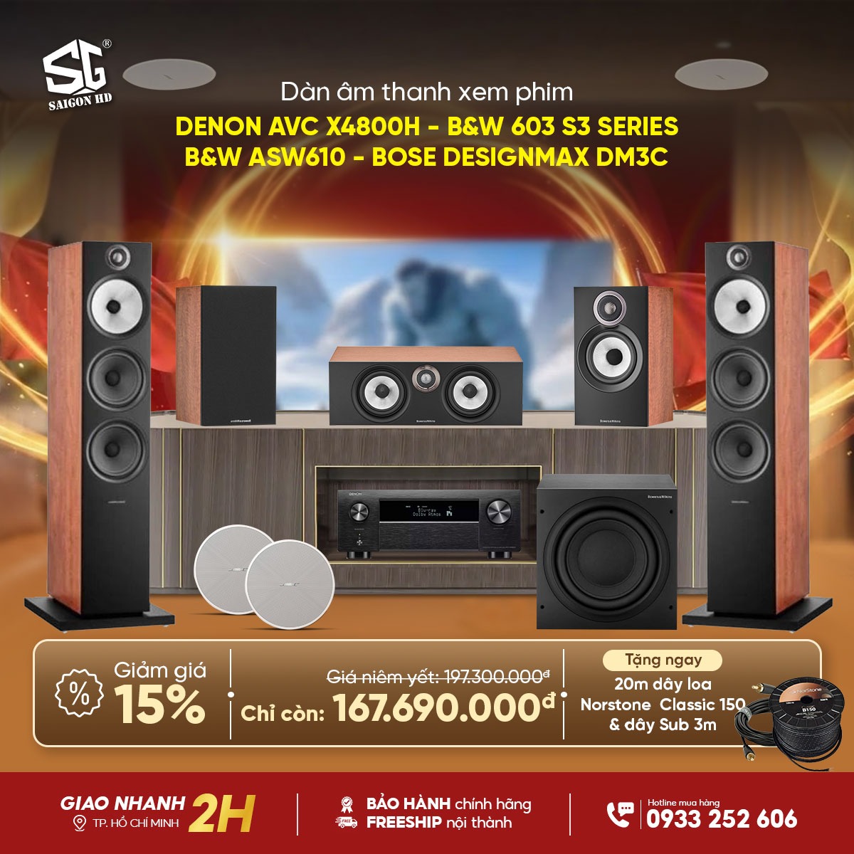 Khuyến m&atilde;i giảm gi&aacute; d&agrave;n &acirc;m thanh xem phim Dolby Atmos 5.1.2 phối gh&eacute;p từ Amply Denon AVC X4800H - Loa B&W 603 S3 Series - Loa &acirc;m trần Bose DesignMax DM3C ch&iacute;nh h&atilde;ng rẻ nhất