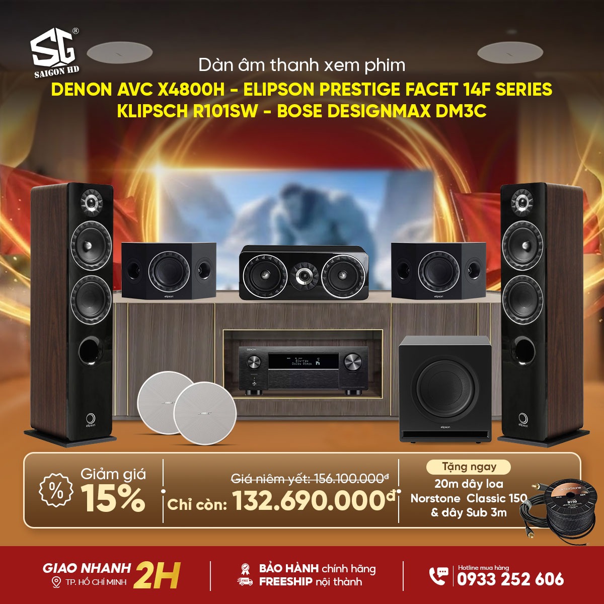 Khuyến m&atilde;i giảm gi&aacute; d&agrave;n &acirc;m thanh xem phim Dolby Atmos 5.1.2 phối gh&eacute;p từ Amply Denon AVC X4800H - Loa Elipson Prestige Facet 14F Series - Loa &acirc;m trần Bose DesignMax DM3C ch&iacute;nh h&atilde;ng rẻ nhất