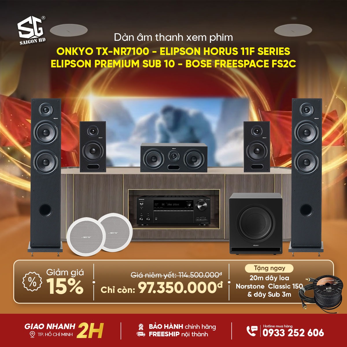 Khuyến m&atilde;i giảm gi&aacute; d&agrave;n &acirc;m thanh xem phim Dolby Atmos 5.1.2 phối gh&eacute;p từ Amply Onkyo TX NR7100 - Loa Elipson Horus 11F Series - Loa &acirc;m trần Bose FreeSpace FS2C ch&iacute;nh h&atilde;ng rẻ nhất