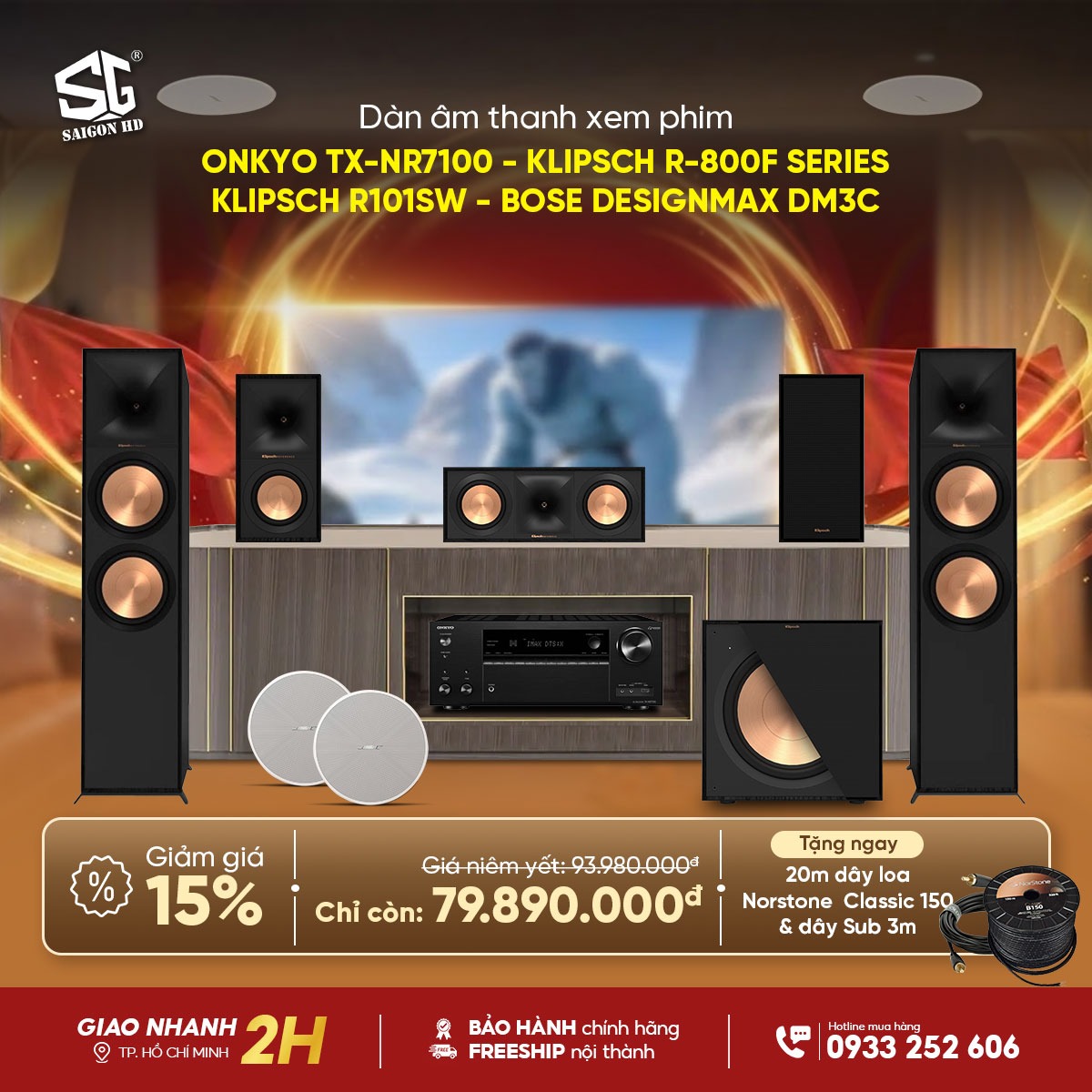 Khuyến m&atilde;i giảm gi&aacute; d&agrave;n &acirc;m thanh xem phim Dolby Atmos 5.1.2 phối gh&eacute;p từ Amply Onkyo TX NR7100 - Loa Klipsch R 800F Series - Loa &acirc;m trần Bose FreeSpace FS2C ch&iacute;nh h&atilde;ng rẻ nhất