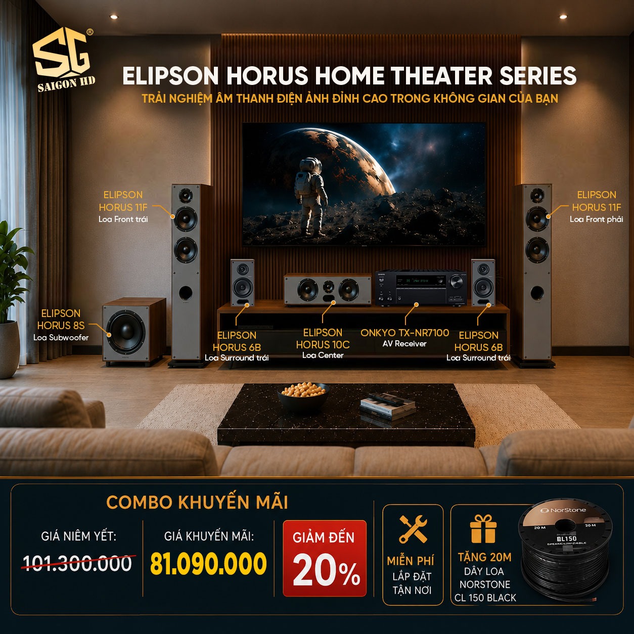 Khuyến m&atilde;i giảm gi&aacute; đến 20% cho d&agrave;n &acirc;m thanh xem phim Onkyo TX NR7100 - Loa Elipson Horus 11F - Horus 10C - Horus 6B - Sub Elipson Horus 8S ch&iacute;nh h&atilde;ng