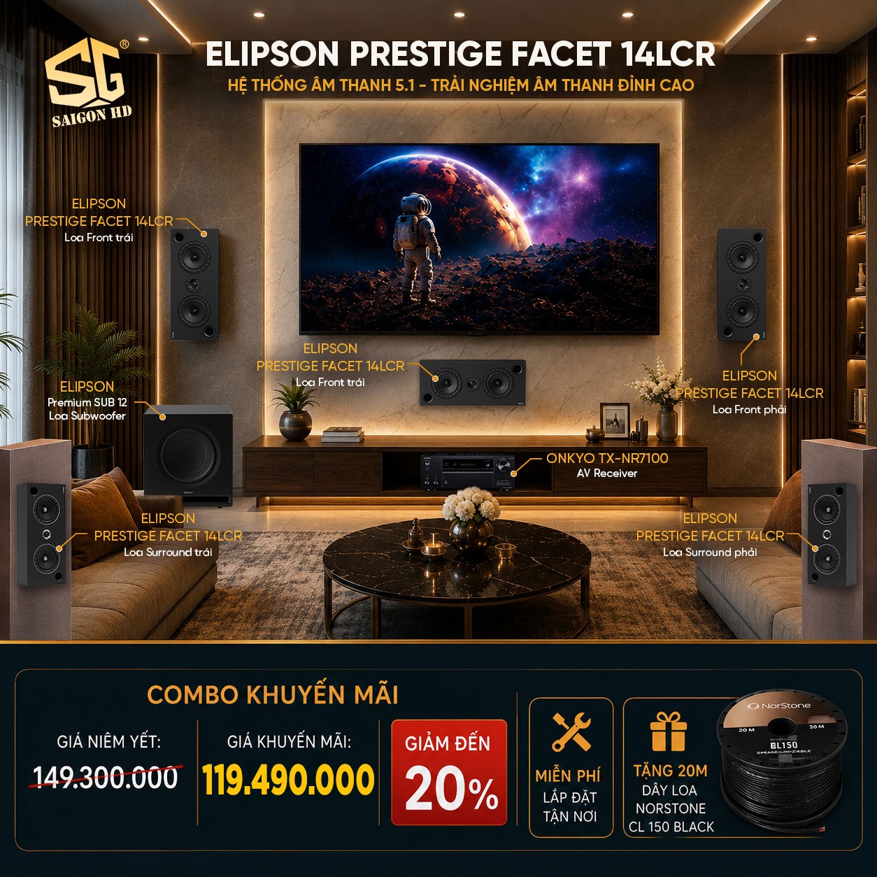 Khuyến m&atilde;i giảm gi&aacute; đến 20% cho d&agrave;n &acirc;m thanh xem phim Onkyo TX NR7100 - Loa Elipson Prestige Facet 14LCR - Sub Elipson Premium Sub 12 ch&iacute;nh h&atilde;ng