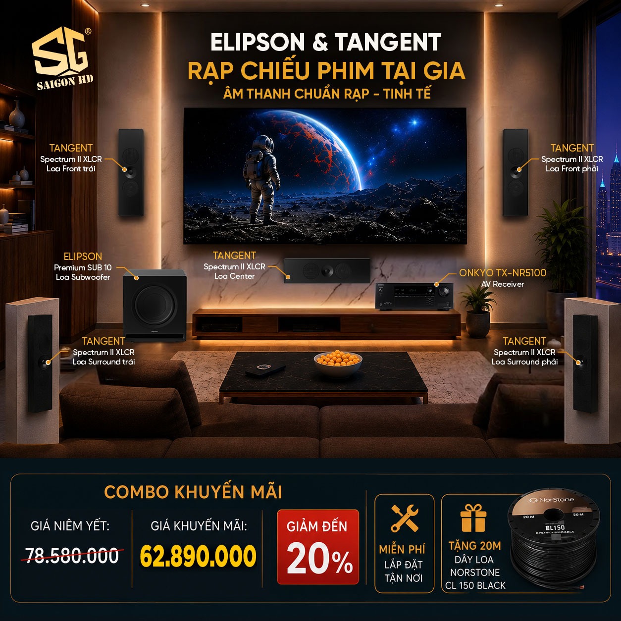 Khuyến m&atilde;i giảm gi&aacute; đến 20% cho d&agrave;n &acirc;m thanh xem phim Onkyo TX NR5100 - Loa Tangent Spectrum II XLCR - Sub Elipson Premium Sub 10 ch&iacute;nh h&atilde;ng