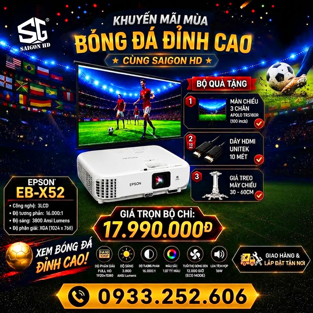 Khuyến m&atilde;i m&aacute;y chiếu b&oacute;ng đ&aacute; Epson EB-X52 nh&acirc;n m&ugrave;a World Cup 2026