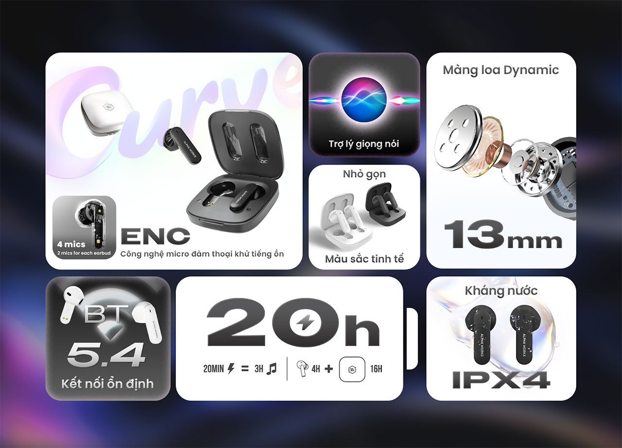 Tai nghe True Wireless Alpha Works CURVE 100 ch&iacute;nh h&atilde;ng gi&aacute; rẻ nhất
