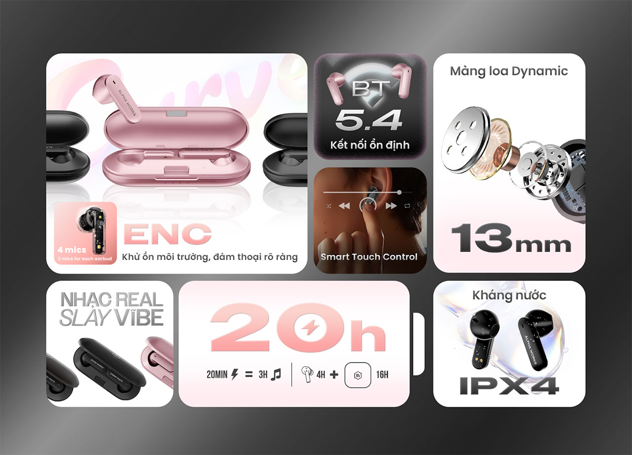 Tai nghe True Wireless Alpha Works Curve 200 ch&iacute;nh h&atilde;ng gi&aacute; rẻ nhất