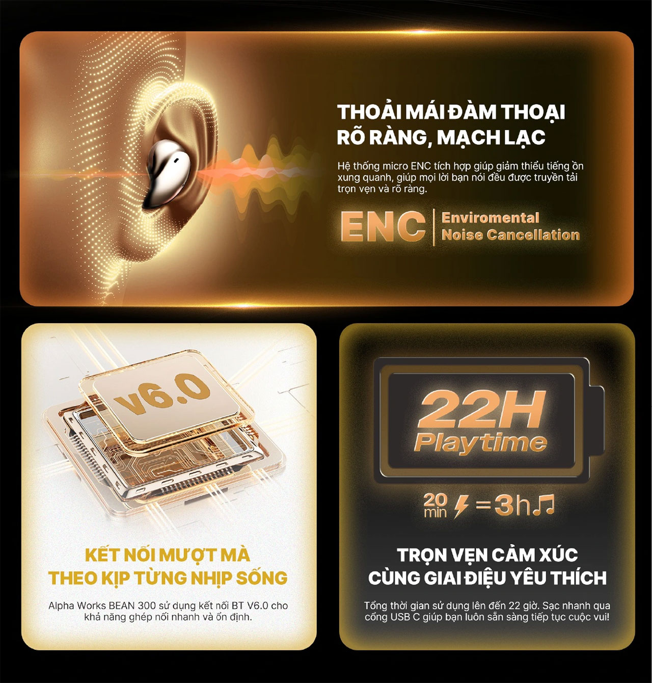 Tai Nghe True Wireless Semi-in-ear Alpha Works BEAN 300 ch&iacute;nh h&atilde;ng gi&aacute; rẻ