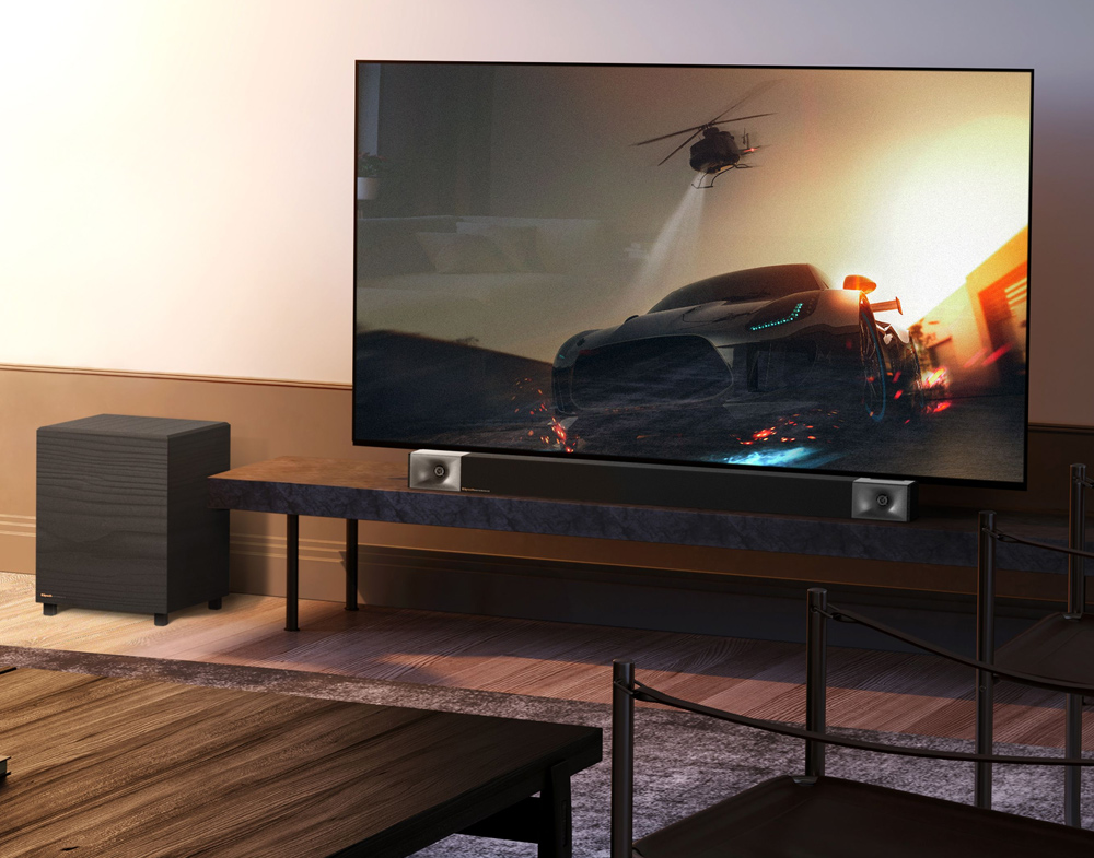 Thiết kế họng kèn từ loa Soundbar Klipsch Cinema 400 giúp âm thanh hướng đến tai người nghe hiệu quả hơn