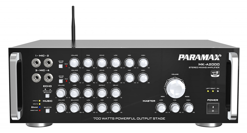 Mặt trước Paramax MK A2000 là hệ thống cân chỉnh Echo, volume và kết nối micro