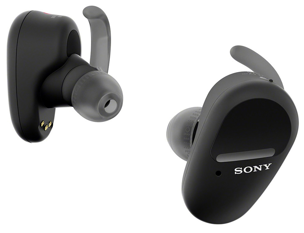 Sony WF-SP800N có dạng móc tai hình vòng cung có đệm mềm giúp cố định tai nghe khi di chuyển