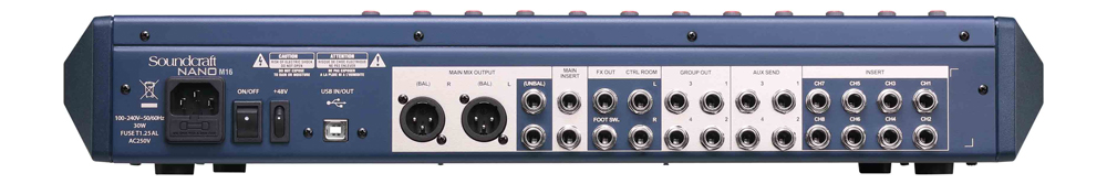 Mặt sau Soundcraft Nano M16 gồm các cổng kết nối âm thanh, cổng nguồn và công tắc nguồn