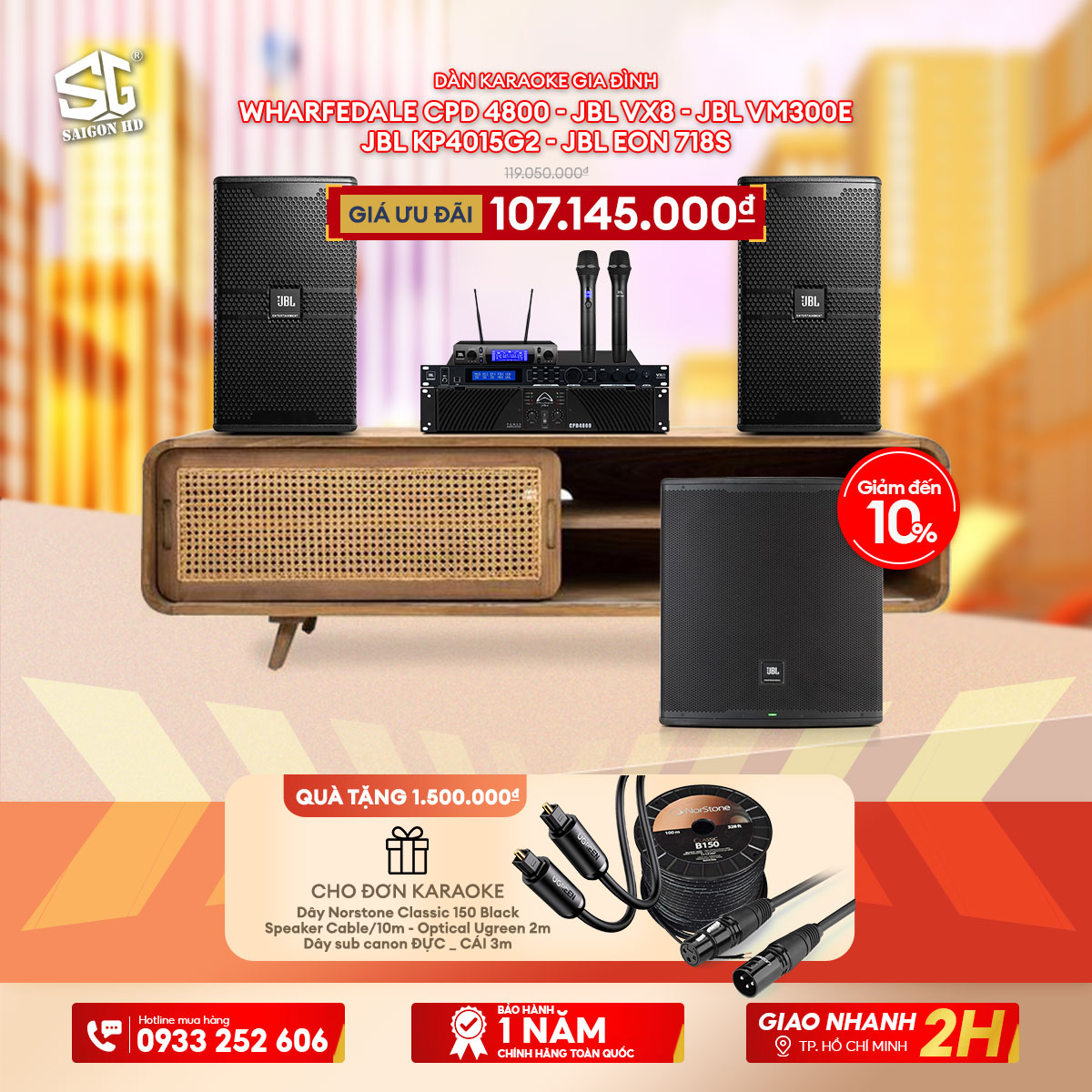 Dàn karaoke gia đình Wharfedale CPD 4800 + JBL VX8 + JBL VM300E + JBL KP4015G2 + JBL EON 718S