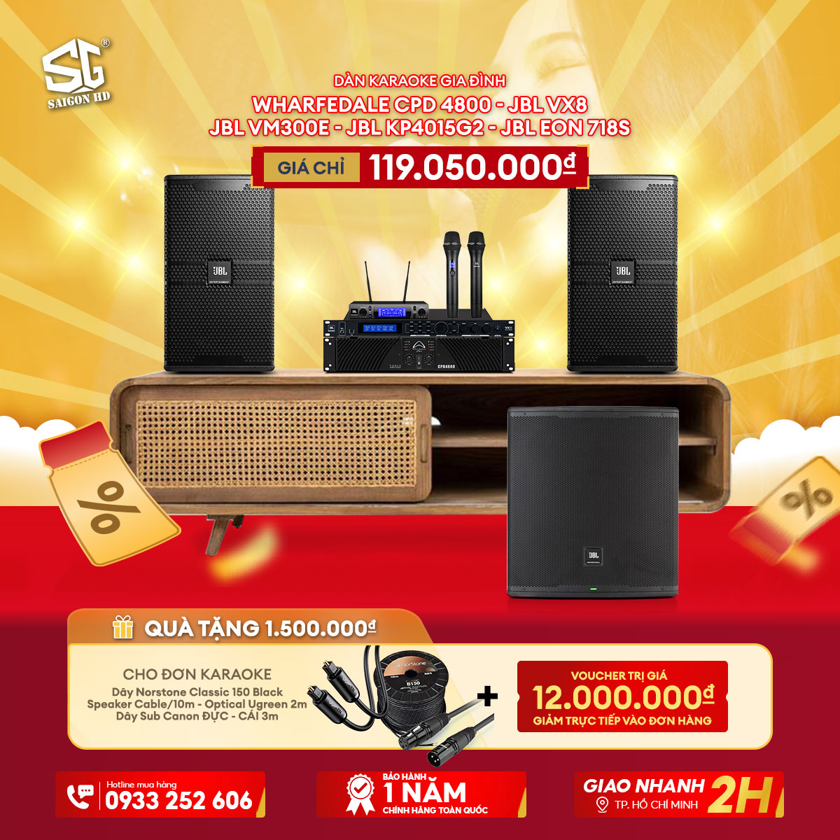 Dàn karaoke gia đình Wharfedale CPD 4800+ JBL VX8 + JBL VM300E + JBL KP4015G2 + JBL Eone 718s