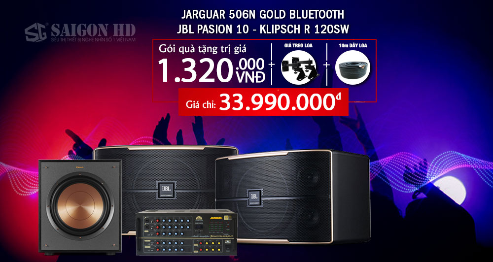 Combo Loa Karaoke JBL Pasion 10 - Amply Jarguar 506N Gold Bluetooth - Loa Sub Klipsch R 120SW