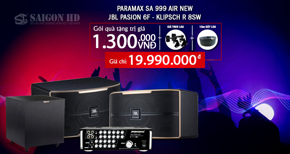 Combo Loa karaoke JBL Pasion 6F - Amply Paramax SA 999 Air New - Loa Sub Klipsch R 8 SW