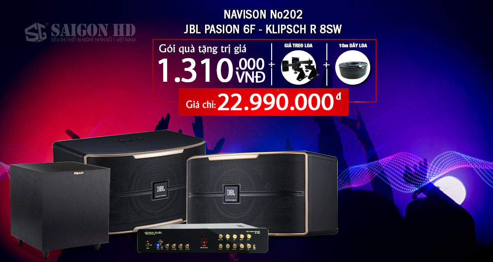 Combo Loa Karaoke JBL Pasion 6F - Amply Jarguar 203N Gold Bluetooth - Loa Sub Klipsch R 8 SW