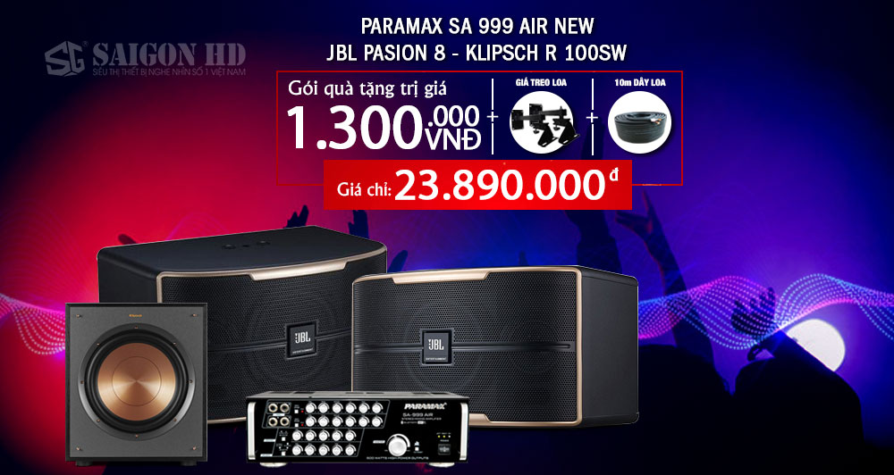 Combo Loa Karaoke JBL Pasion 8 - Amply Paramax SA 999 Air New - Loa Sub Klipsch R 100SW