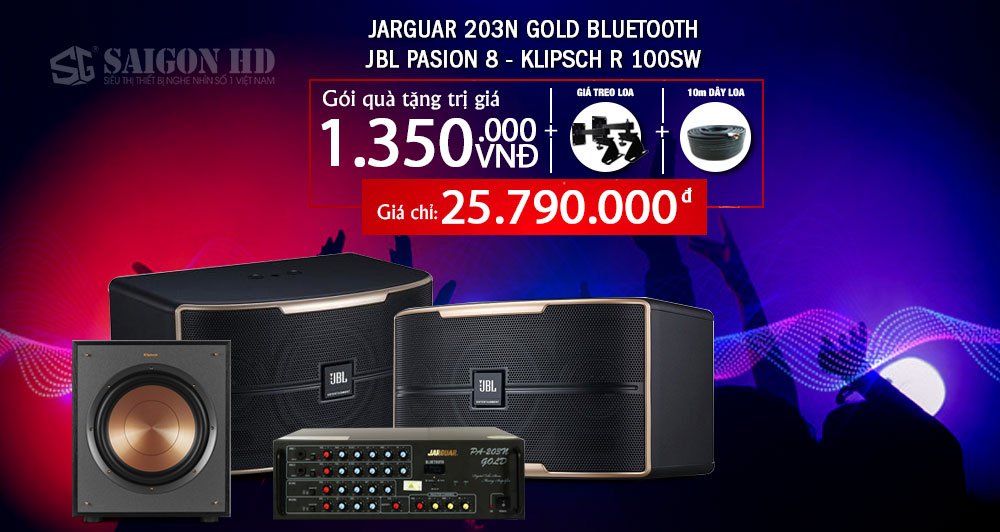 Combo Loa Karaoke JBL Pasion 8 - Amply Jarguar 203N Gold Bluetooth - Loa Sub Klipsch R 100SW