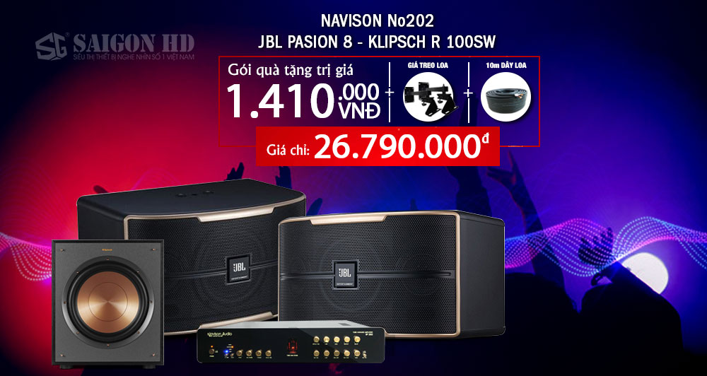 Combo Loa Karaoke JBL Pasion 8 - Amply Navion No202 - Loa Sub Klipsch R 100SW