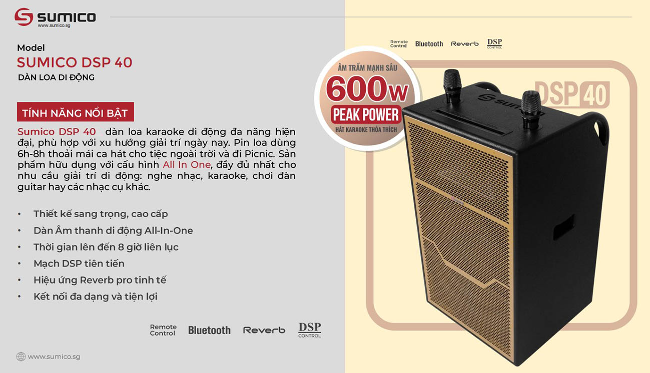 Ra mắt dàn loa di động SUMICO DSP40 hoàn toàn mới công suất mạnh 600W, cấu hình “All-in-One”, pin dùng đến 8 giờ