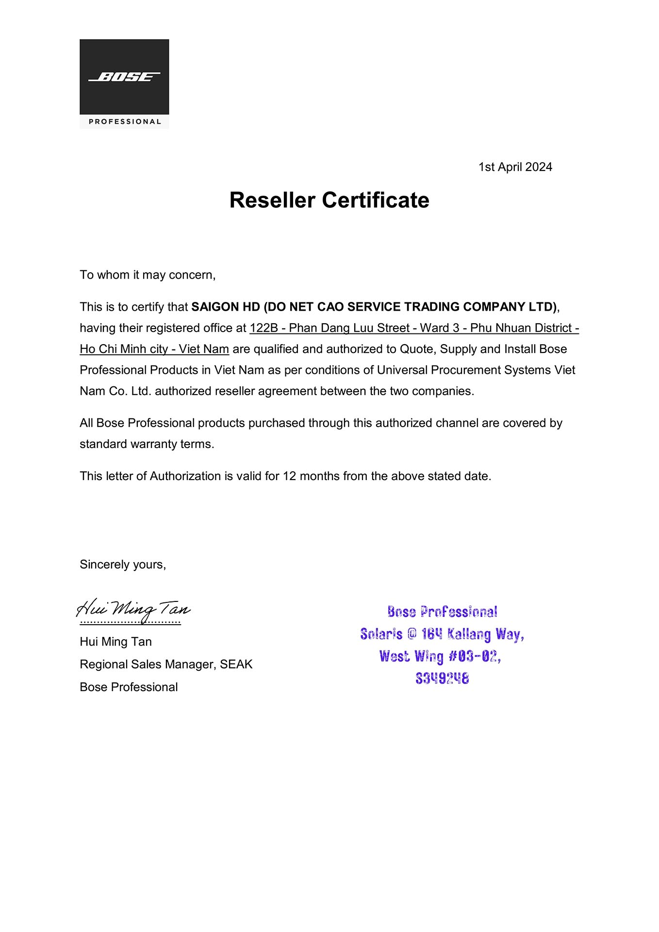 Bose Professional Certificate - Giấy chứng nhận SAIGON HD l&agrave; đại l&yacute; uỷ quyền ch&iacute;nh thức của Bose Professional tại Việt Nam